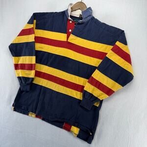 Vintage Halifax Rugby Shirt Men's large Blue Yellow Red Colorblock Denim Collar